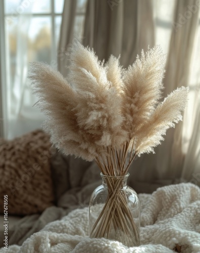 Dried pampas grass arrangement in a glass vase on a wooden table by the window