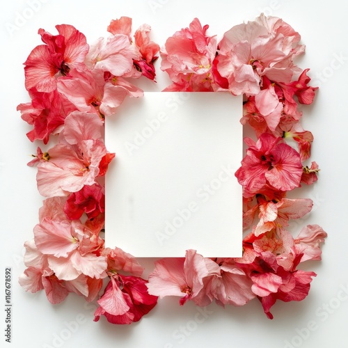 Floral arrangement featuring pink and red flowers around a blank space for cr...