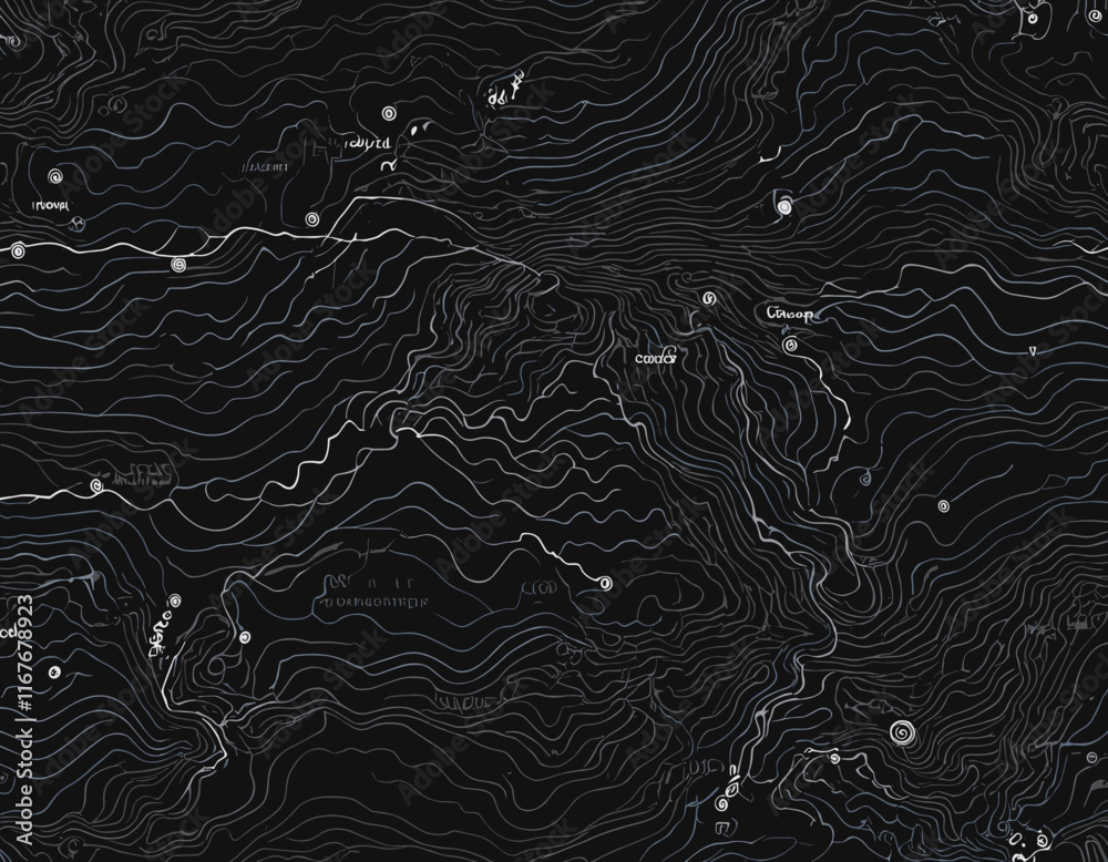 Vector Weather Map Background. Abstract Seamless Pattern with Contour Lines Isolated on Black Bg. Geometric Linear Topographic Texture Vector Weather Map Background. Abstract Seamless Pattern with Contour Lines Isolated on Black Bg. Geometric Linear Topographic Texture