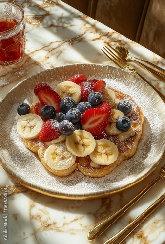 Delicious strawberry and banana French toast served on a stylish plate with g...