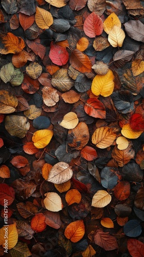 Autumn leaves scattered on dark ground in a peaceful forest setting