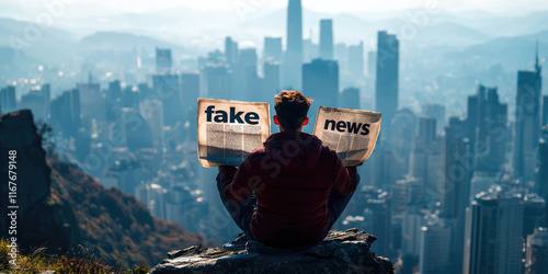 A newspaper with a fake news headline in the background of the city. Creative concept of misinformation, deception, yellow press and fakes photo