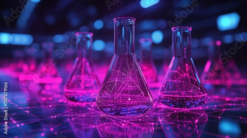 Vibrant laboratory glassware illuminated with pink light against a digital ba...