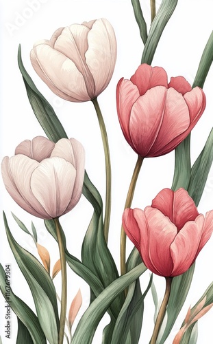 Vibrant tulip bouquet featuring pink and white blooms surrounded by lush gree...