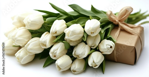 Elegant white tulips arranged with a gift wrapped in brown paper