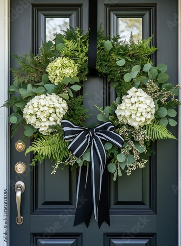 Elegant floral wreath adorns a black front door with greenery and white blooms