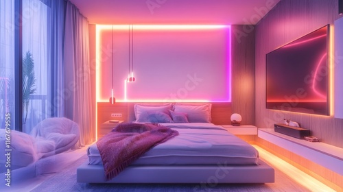 Modern bedroom with neon lights  large bed  and city view.