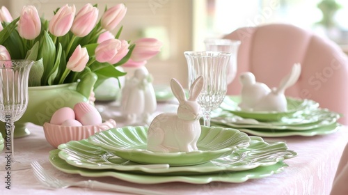 Elegant spring table setting with bunnies and tulips for festive gathering