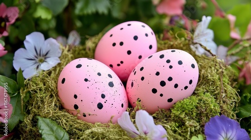 Colorful speckled eggs nestled in a vibrant spring garden with blooming flowe...