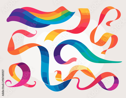 Abstract Gradient Lines Set. Wavy Color Shape Vector Graphic Design. Dynamic Geometric Pattern. Background with Color Waves. Illustration of Squiggle Rainbow Ribbons
