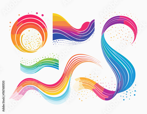 Abstract Gradient Lines Set. Wavy Color Shape Vector Graphic Design. Dynamic Geometric Pattern. Background with Color Waves. Illustration of Squiggle Rainbow Ribbons