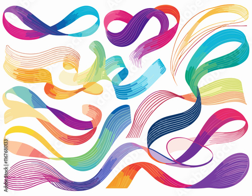 Abstract Gradient Lines Set. Wavy Color Shape Vector Graphic Design. Dynamic Geometric Pattern. Background with Color Waves. Illustration of Squiggle Rainbow Ribbons