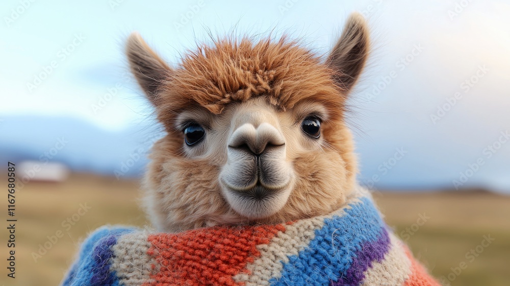 Adorable alpaca wrapped in blanket open field animal portrait calm environment close-up view cuteness concept Adorable alpaca wrapped in blanket open field animal portrait calm environment close-up view cuteness concept