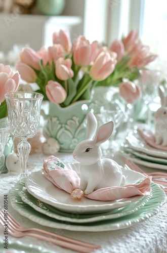 Elegant spring table setting with floral decor and decorative rabbits for a f...