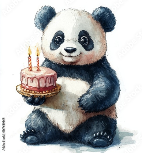 Cute panda holding a birthday cake with a candle in a festive illustration