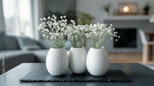 Elegant white vases with delicate flowers arranged on a dark tabletop in a mo...