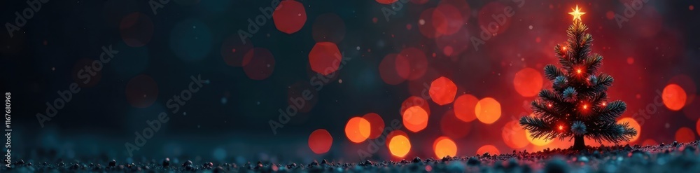 Naklejka premium Ornate dark Christmas tree banner, glowing bokeh, elegant design , holiday banner, christmas tree