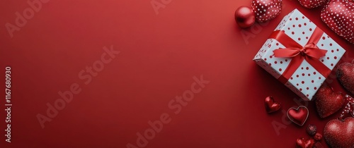 Festive red background with a gift box and decorative ornaments for holiday c...