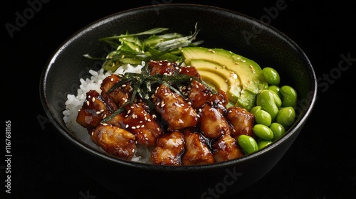 Delicious grilled chicken bowl with rice, avocado, and edamame for a nutritio...
