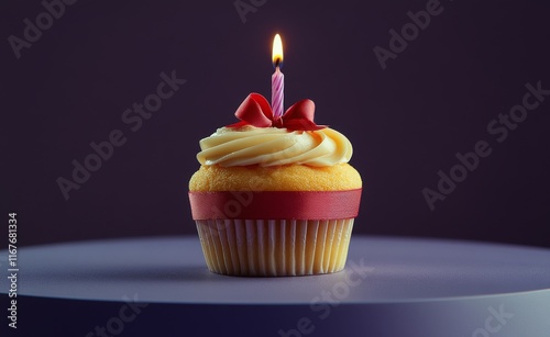 Delicious cupcake with a pink candle and festive ribbons on a purple background