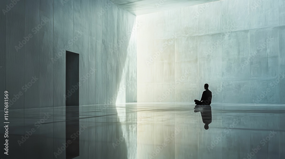 Person meditates in serene, reflective room. Person meditates in serene, reflective room.