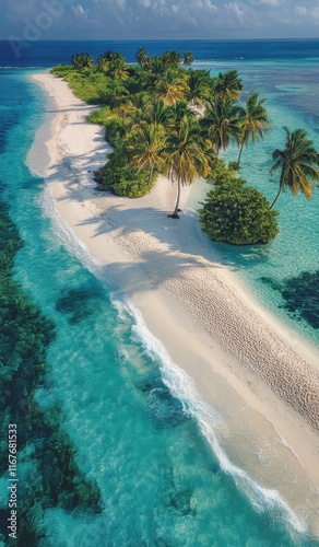 Beautiful tropical island with lush palm trees and clear water during daytime...