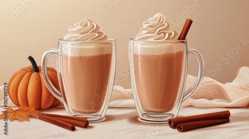 Warm drinks in cozy setting with pumpkins and cinnamon on a soft autumn after...