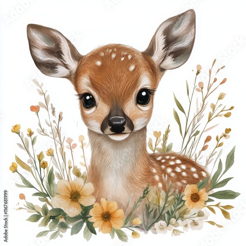 Cute baby deer surrounded by flowers in a delicate botanical setting