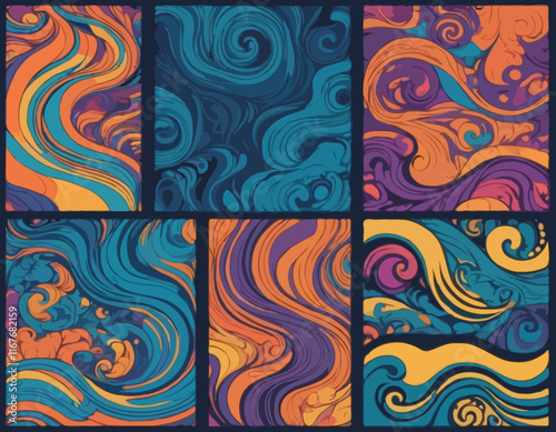 Set of Wavy Seamless Trippy Patterns in Psychedelic Colors. Abstract Vector Swirl Backgrounds. 1970 Aesthetic Textures with Flowing Waves