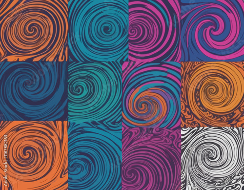 Set of Wavy Seamless Trippy Patterns in Psychedelic Colors. Abstract Vector Swirl Backgrounds. 1970 Aesthetic Textures with Flowing Waves