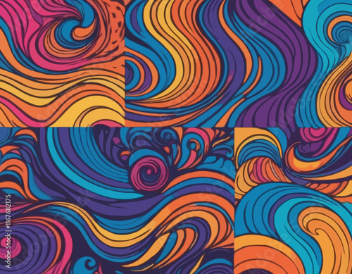 Set of Wavy Seamless Trippy Patterns in Psychedelic Colors. Abstract Vector Swirl Backgrounds. 1970 Aesthetic Textures with Flowing Waves