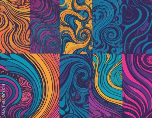 Set of Wavy Seamless Trippy Patterns in Psychedelic Colors. Abstract Vector Swirl Backgrounds. 1970 Aesthetic Textures with Flowing Waves