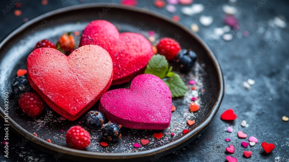 Pancakes shaped like hearts, filled with deliciousness, and adorned with colorful sprinkles and berries