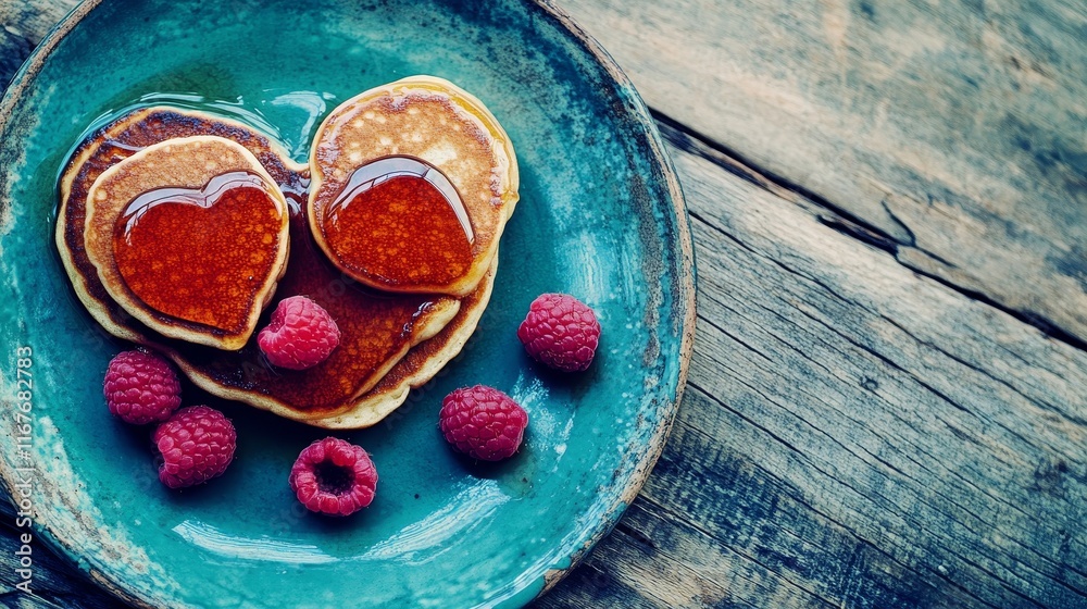 Heart-shaped fluffy pancakes covered in syrup and topped with fresh raspberries Heart-shaped fluffy pancakes covered in syrup and topped with fresh raspberries