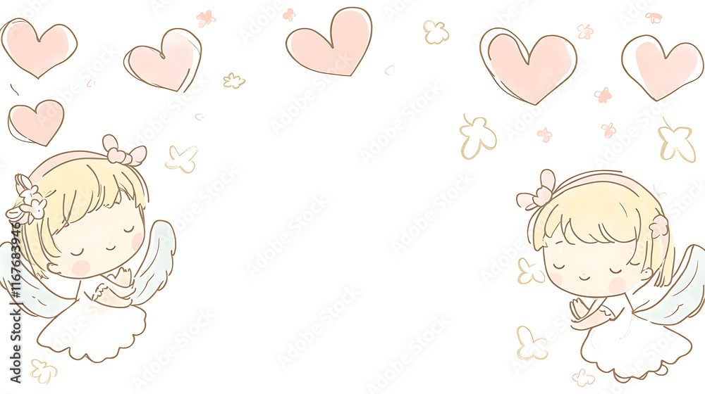Two Adorable Angels With Hearts And Flowers Two Adorable Angels With Hearts And Flowers