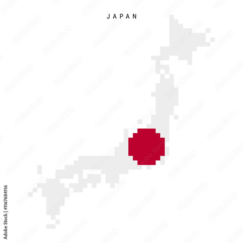 Fototapeta premium Japan pixel flag map icon. 8 bit pixel art Japanese map covered with flag. Flat vector illustration isolated on white background.