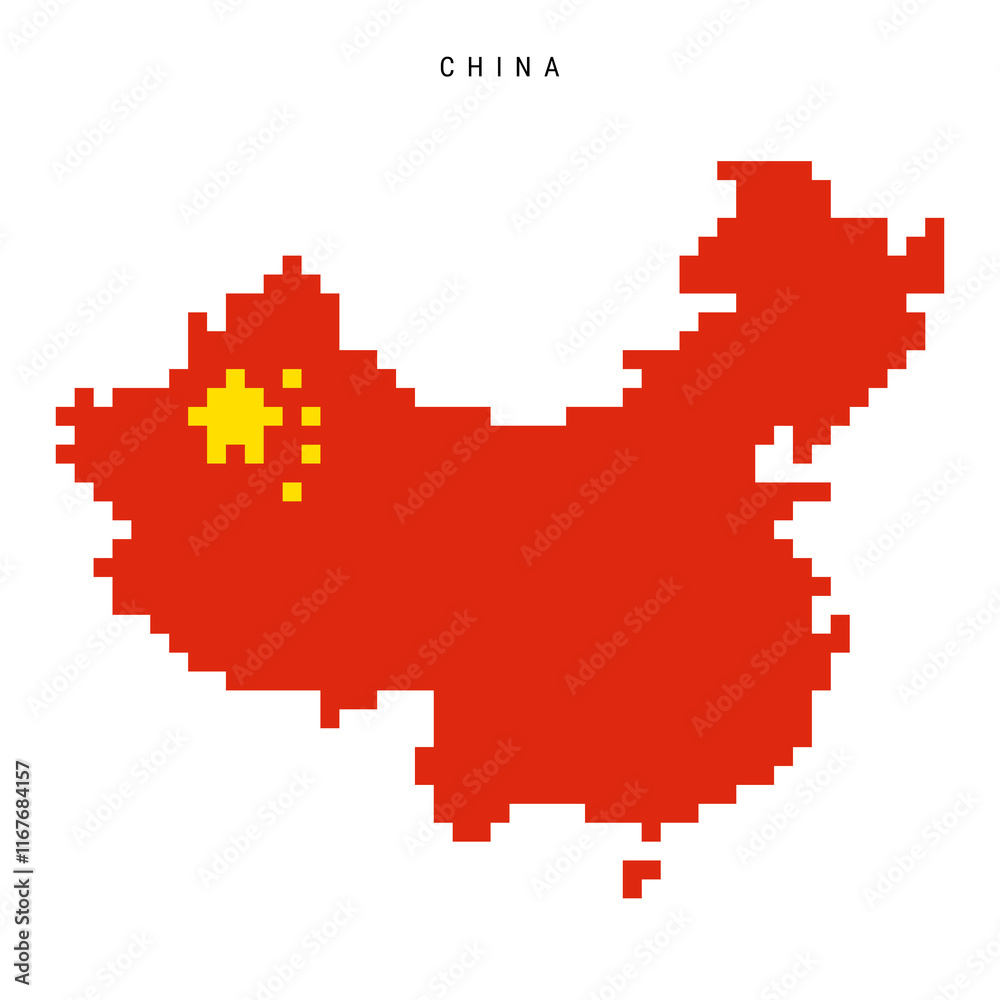 Fototapeta premium China pixel flag map icon. 8 bit pixel art Chinese map covered with flag. Flat vector illustration isolated on white background.