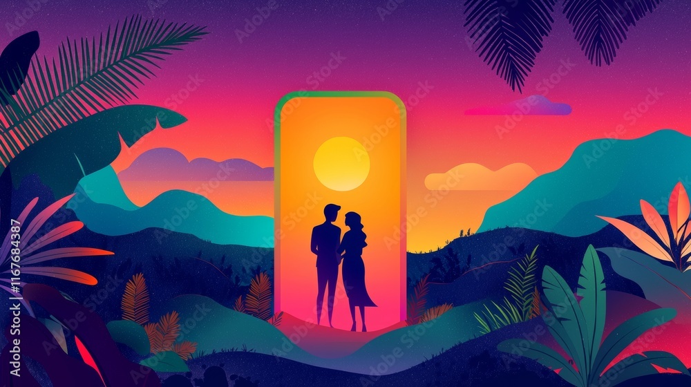 Naklejka premium Couple standing together in a vibrant landscape with sunset and tropical scenery