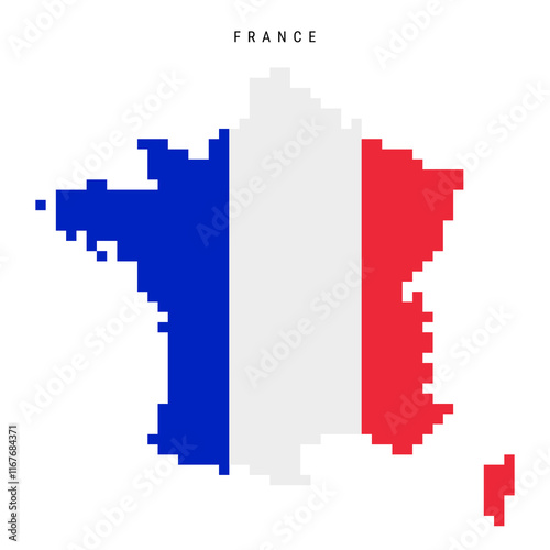France pixel flag map icon. 8 bit pixel art French map covered with flag. Flat vector illustration isolated on white background.
