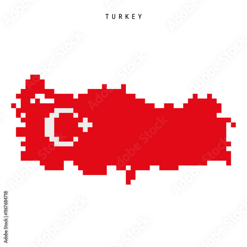 Turkey pixel flag map icon. 8 bit pixel art Turkish map covered with flag. Flat vector illustration isolated on white background.