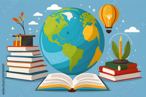 Illustration celebrating the importance of learning with an open book and a world globe photo