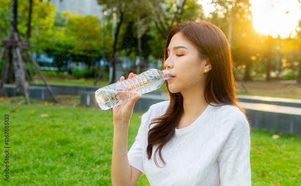 Healthy young Asian woman enjoys a calm morning drinking water to rehydrate, boost energy, refresh her body, and maintain her wellbeing while sitting in a peaceful park. healthy and balanced lifestyle Healthy young Asian woman enjoys a calm morning drinking water to rehydrate, boost energy, refresh her body, and maintain her wellbeing while sitting in a peaceful park. healthy and balanced lifestyle