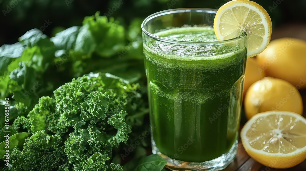 Green smoothie in glass with kale and lemon. Green smoothie in glass with kale and lemon.