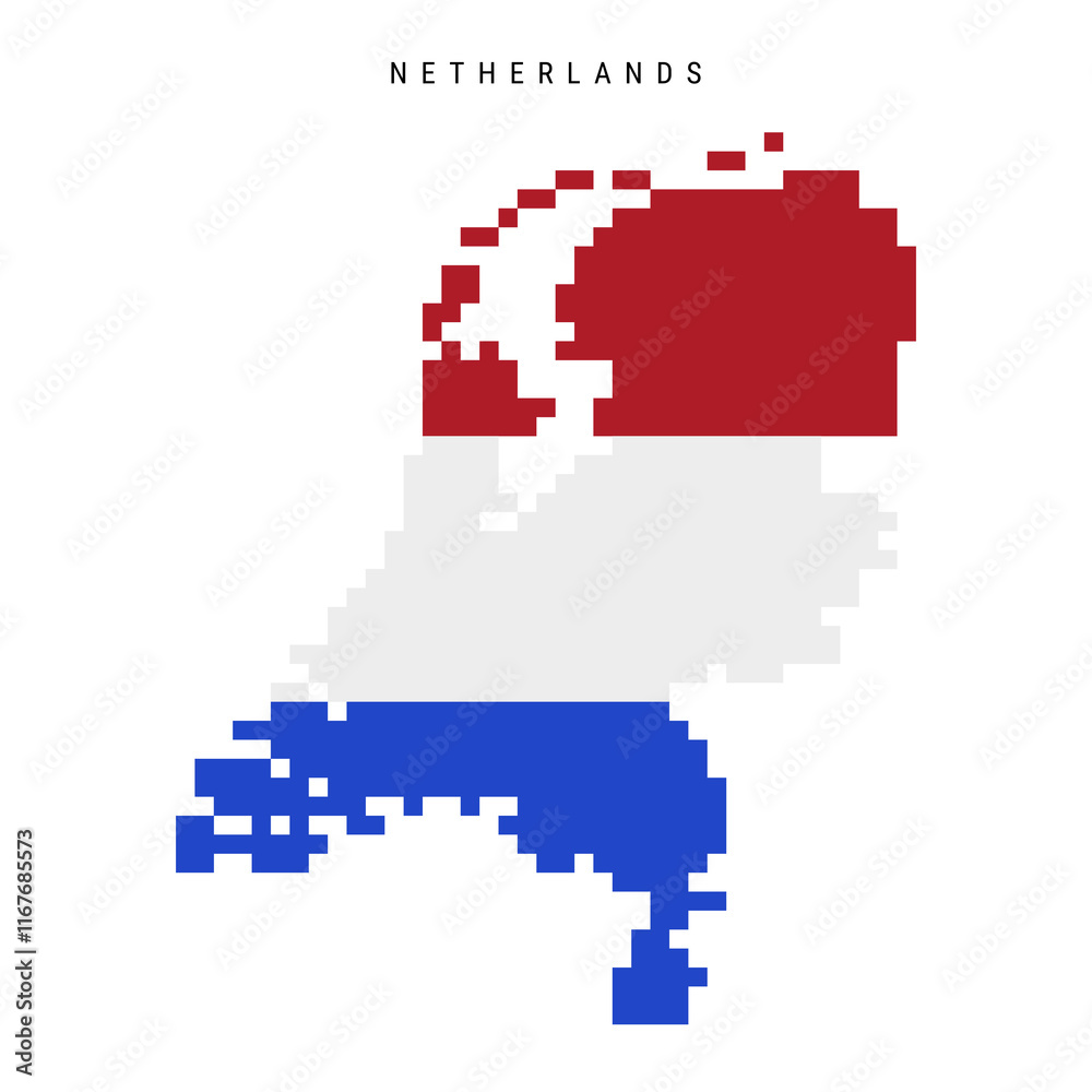 Fototapeta premium Netherlands pixel flag map icon. 8 bit pixel art Holland map covered with flag. Flat vector illustration isolated on white background.
