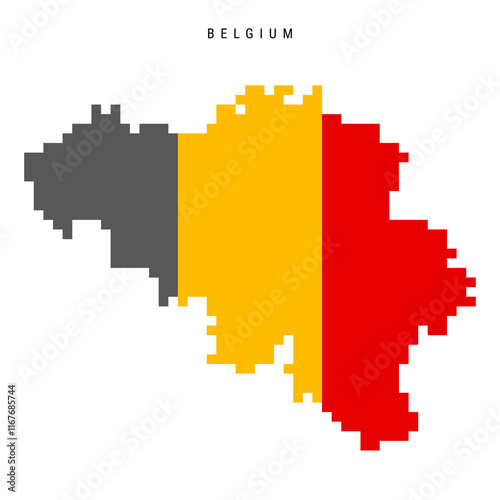 Belgium pixel flag map icon. 8 bit pixel art Belgian map covered with flag. Flat vector illustration isolated on white background.