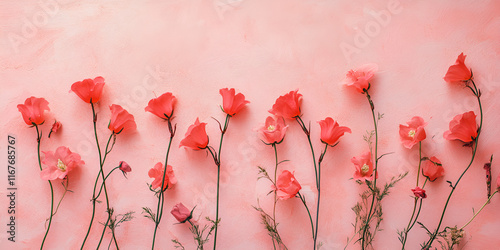 Row of Pink Lisanthus Flowers on Light Background photo