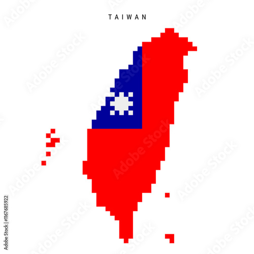 Taiwan pixel flag map icon. 8 bit pixel art Taiwanese map covered with flag. Flat vector illustration isolated on white background.