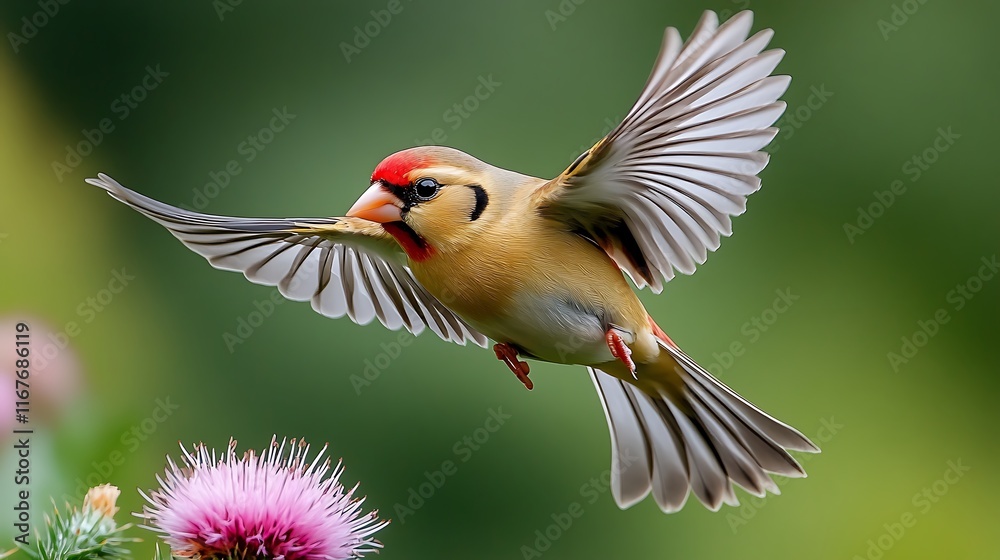 Fototapeta European Goldfinch Carduelis carduelis small bird red face and golden wings fluttering near thistle flowers against a softly blurred green background