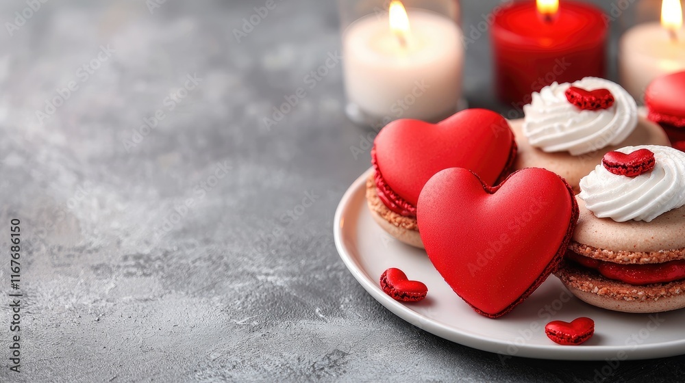 Fototapeta premium Celebrating love with heart-shaped macarons cozy candlelit setting food photography romantic atmosphere close-up view