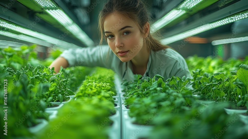 Woman inspecting plants in indoor vertical farm